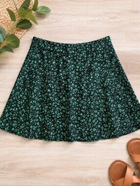 Zara Black And Green Floral Skater Skort Women's Size XS Flowy Mini